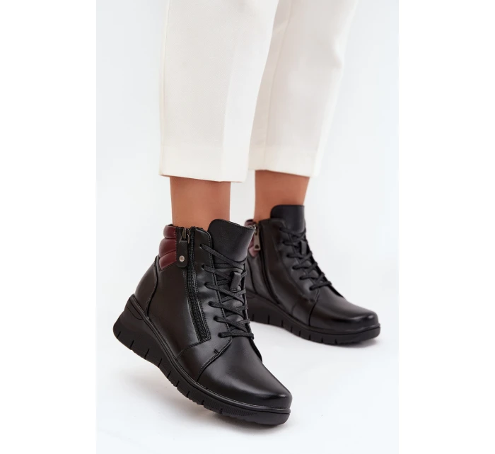 Skórzane Botki Damskie Na Koturnie Ocieplane Vinceza 39963 Czarne