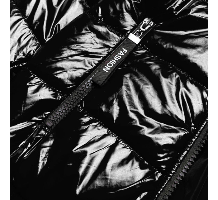 Lesklá čierna dámska bunda so sťahovacím lemom (LD7250BIG)