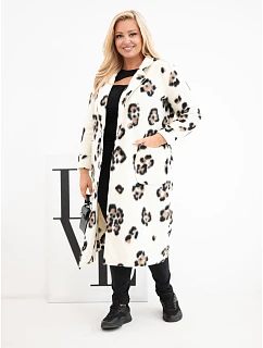 Dámský elegantní kabát Plus Size s klopami v leopardí vzor ecru