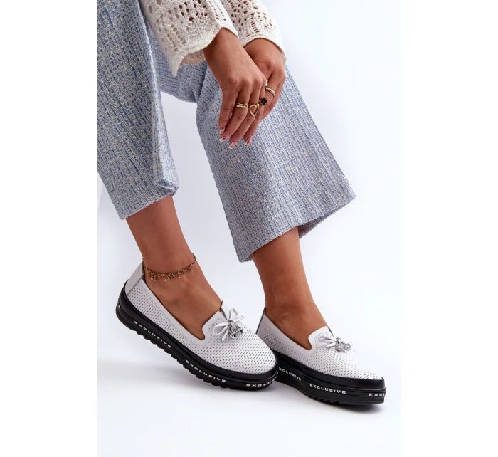 Mokasyny Damskie Skórzane Na Platformie S.Barski LR400 Białe