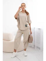Súprava bavlnená blúzka + nohavice béžová