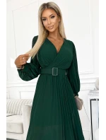 414-1 KLARA plisované šaty s opaskom a výstrihom - BOTTLE GREEN 414-1 KLARA plisované šaty s opaskom a výstrihom - BOTTLE GREEN