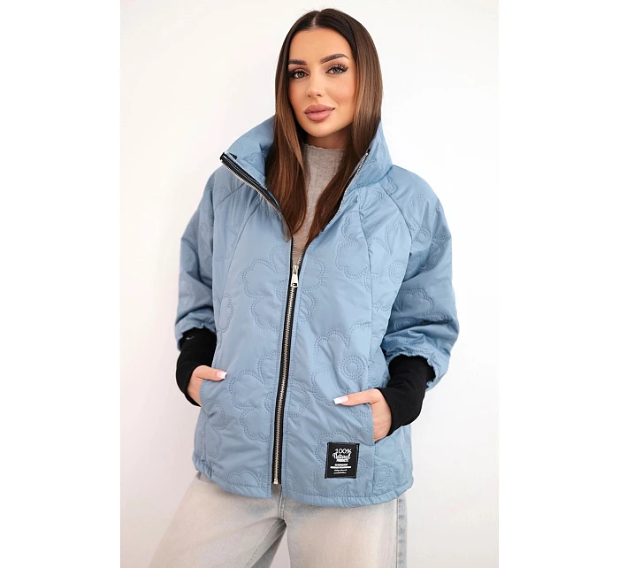 Dámska jarná prešívaná bunda s ozdobným potlačou a zipsom z džínsoviny