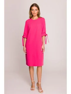 S393 Šaty áčkového strihu so zaväzovacími rukávmi - ružové