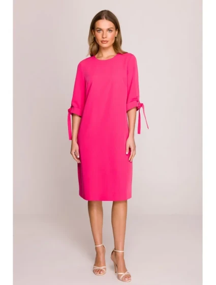 S393 Šaty áčkového strihu so zaväzovacími rukávmi - ružové