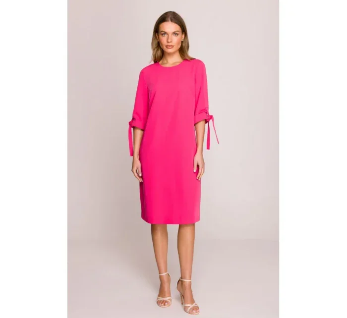 S393 Šaty áčkového strihu so zaväzovacími rukávmi - ružové