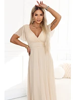 635-9 MELANIA dlhé trblietavé svadobné šaty s výstrihom a krátkymi rukávmi - béžové 635-9 MELANIA dlhé trblietavé svadobné šaty s výstrihom a krátkymi rukávmi - béžové