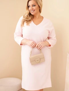 Šaty dámské Plus Size máslové s výstřihem do V a rukávem pudrově růžová