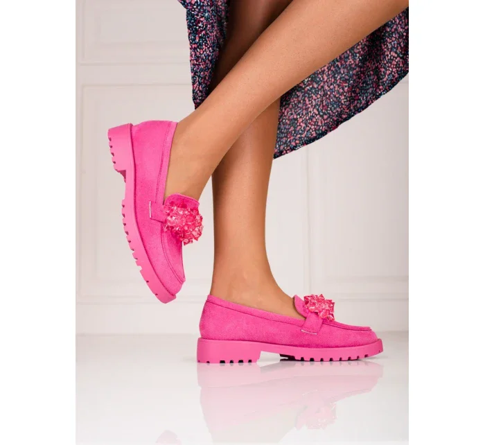 Stylové mokasíny dámské růžové na plochém podpatku Stylové mokasíny dámské růžové na plochém podpatku