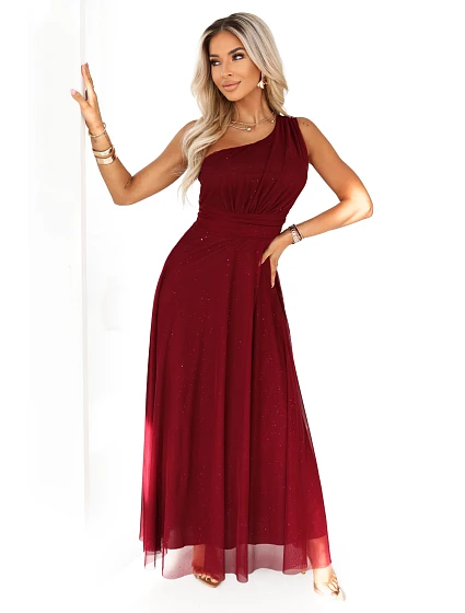 model 21798969 Dlouhé třpytivé večerní šaty na jedno rameno vínové - numoco basic
