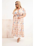 Plus veľkosť dámske šaty s kvetmi s kravatou béžová