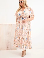 Plus veľkosť dámske šaty s kvetmi s kravatou béžová