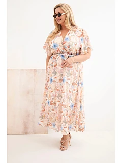 Plus veľkosť dámske šaty s kvetmi s kravatou béžová