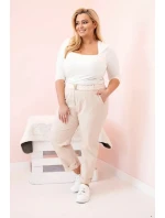 Dámské bavlněné kalhoty Plus Size s páskem světle béžová Dámské bavlněné kalhoty Plus Size s páskem světle béžová