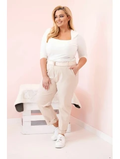 Dámské bavlněné kalhoty Plus Size s páskem světle béžová
