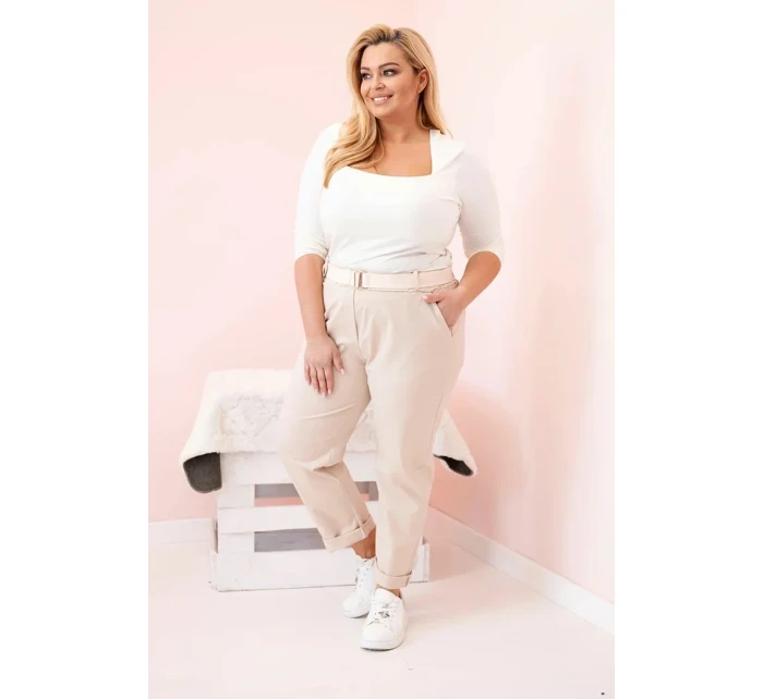 Dámské bavlněné kalhoty Plus Size s páskem světle béžová Dámské bavlněné kalhoty Plus Size s páskem světle béžová