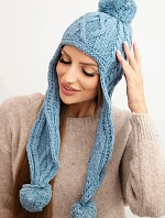 Dámska zimná vlnená čiapka s bambuľkami a predĺženými bokmi K448 tyrkysová