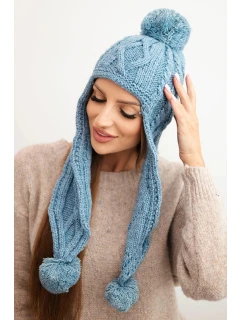 Dámska zimná vlnená čiapka s bambuľkami a predĺženými bokmi K448 tyrkysová