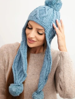 Dámska zimná vlnená čiapka s bambuľkami a predĺženými bokmi K448 tyrkysová