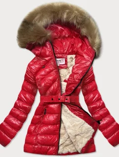 Červená lesklá zimná bunda s machovou kožušinovou podšívkou (w674)