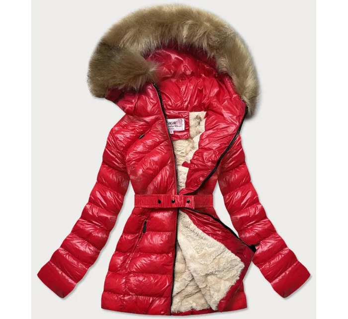 Červená lesklá zimná bunda s machovou kožušinovou podšívkou (w674)