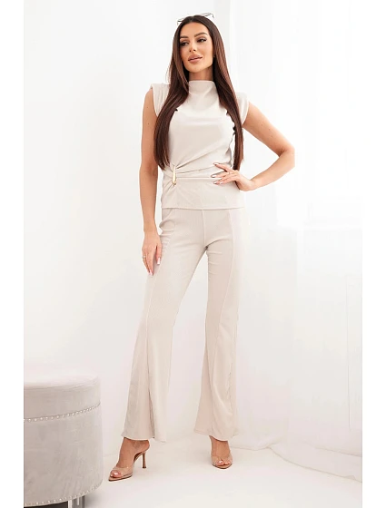Dámský komplet s model 22084843 halenkou a širokými kalhotami béžový - K-Fashion Dámský komplet s model 22084843 halenkou a širokými kalhotami béžový - K-Fashion