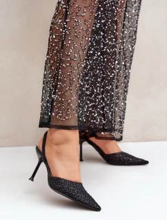 Szpilki Z Odkrytą Piętą Ozdobione Brokatem Czarne Berilae