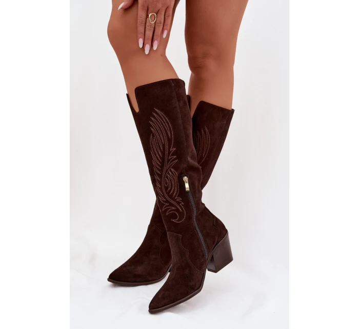 Semišové Kožené Kozačky Kovářky Na Podpatku Zazoo 3152 Čokoládové