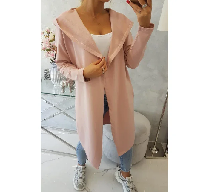 Dlhý kabát s kapucňou tmavo púdrovo ružový