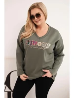 Dámská mikina Plus Size s nápisem a výstřihem do V khaki Dámská mikina Plus Size s nápisem a výstřihem do V khaki
