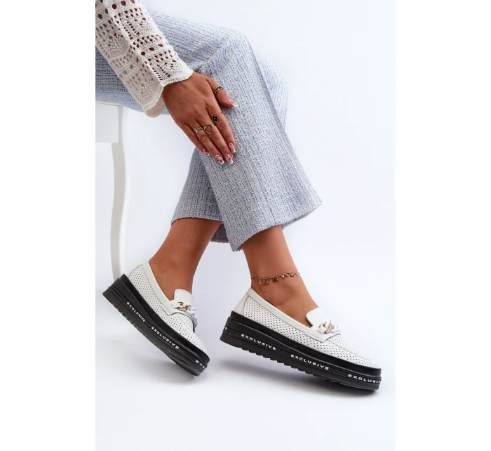 Mokasyny Damskie Skórzane Na Platformie Z Łańcuchem S.Barski LR618 Białe