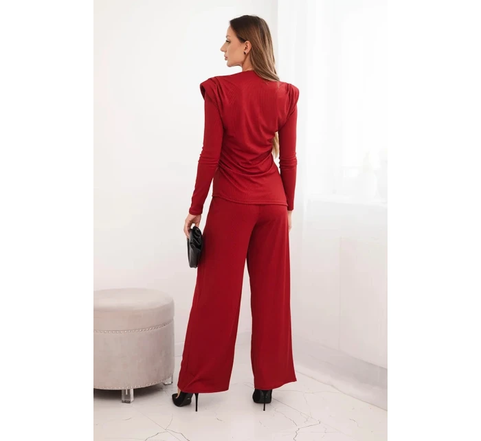 Dámská souprava z bavlny s model 21472127 a kalhotami s širokým nohavicí bordový - K-Fashion