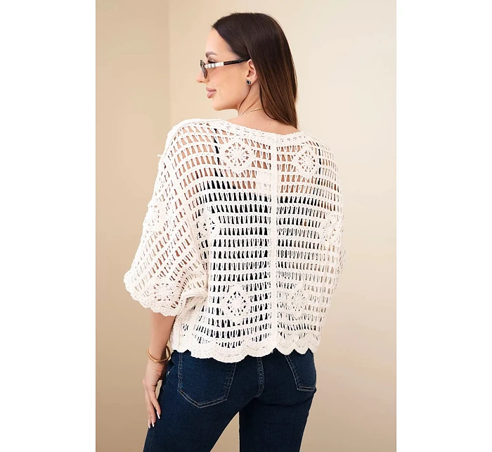 Dámsky bavlnený ažurový sveter s krátkymi rukávmi v béžovej farbe