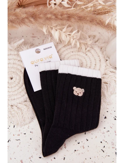 Dámské bavlněné ponožky s malým medvídkem černé