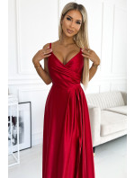 CHIARA - Elegantné červené dlhé dámske saténové maxi šaty na ramienkach 299-14