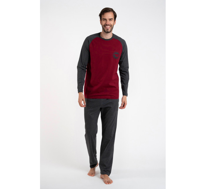 Pánske pyžamo Morten, dlhý rukáv, dlhé nohavice - bordová/tmavý melír