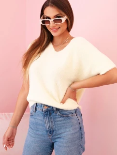 Dámský svetr z měkkého model 21291581 s V výstřihem krátký rukáv žlutý - K-Fashion