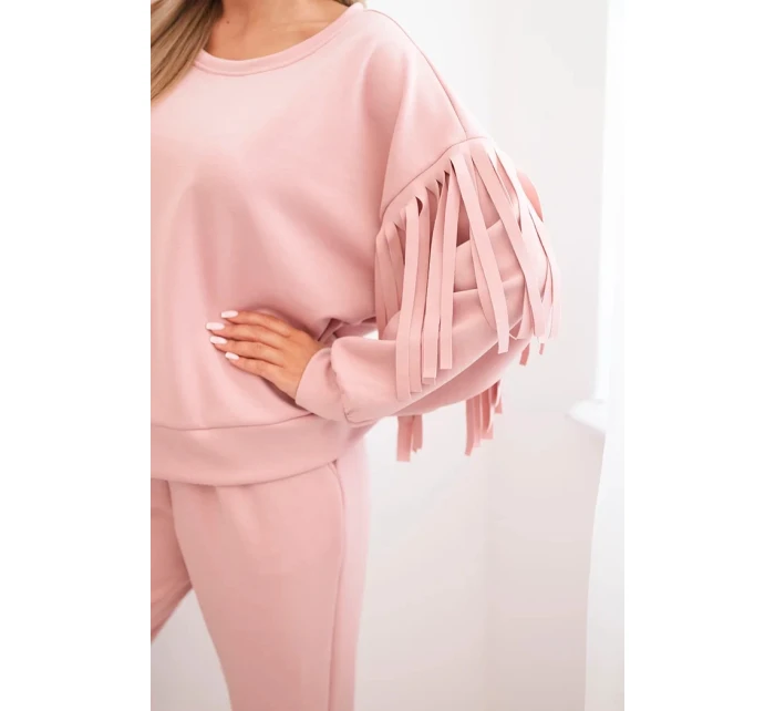 Komplet dámský máslový s třásněmi na rukávech tmavě pudrově růžový