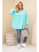 Dámská blůza Plus Size s bavlnou, kapsou a ohrnutým rukávem mátová