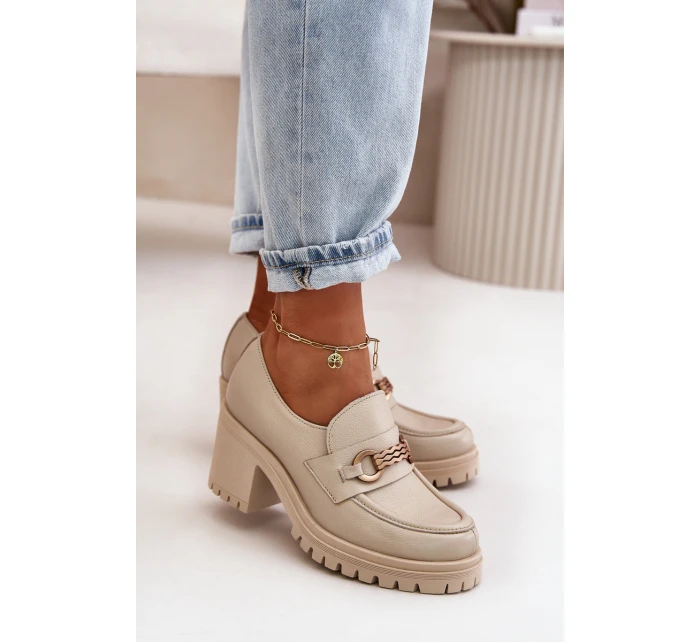 Zazoo 20175 Półbuty Damskie Na Słupku Skóra Naturalna Jasnobeżowe