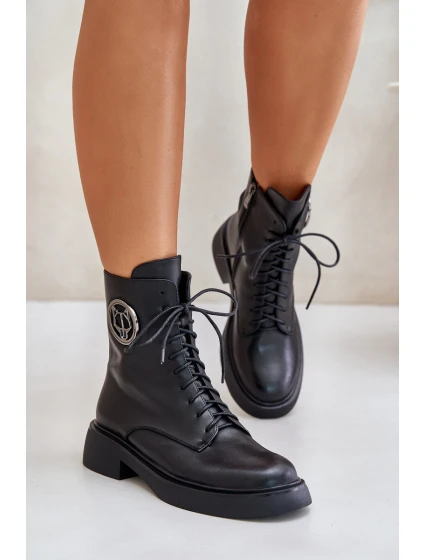 Skórzane Botki Workery Ocieplane Na Zamek Z Ozdobą Czarne Lorevine