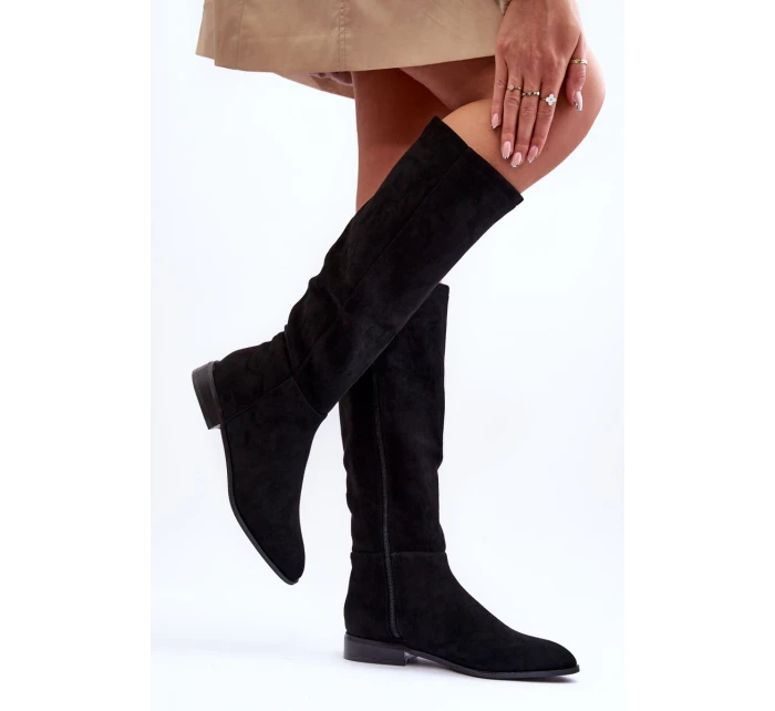 Zamszowe Kozaki Na Płaskim Obcasie Czarne Eelin