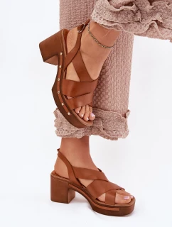 Skórzane Sandały Na Słupku Zazoo 1081 Brązowe