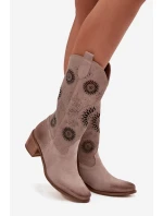 Zamszowe Skórzane Kozaki Damskie Z Ażurowym Wzorem Zazoo 3852 Cappuccino