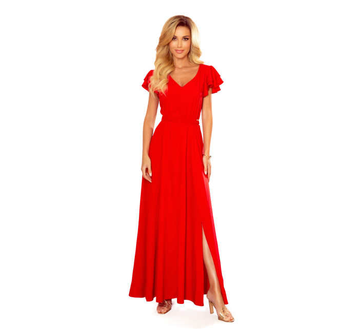 LIDIA - Dlhé červené dámske šaty s volánikmi a dekoltom 310-2