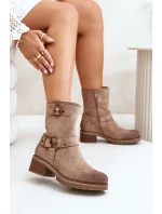 Botki Damskie Na Niskim Obcasie Z Klamrami Ciemnobeżowe Zudra