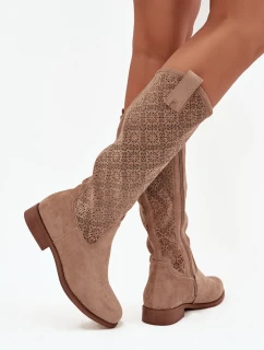 Dámske ažurové čižmy na plochom podpätku S.Barski - béžové