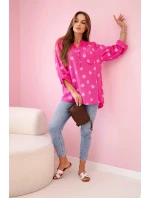 Dámska ľanová blúzka s kvetinovým vzorom, dlhými rukávmi a gombíkmi Ružová