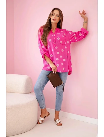 model 20949123 dámská halenka s květinovým vzorem, dlouhými rukávy a knoflíky Růžová - K-Fashion