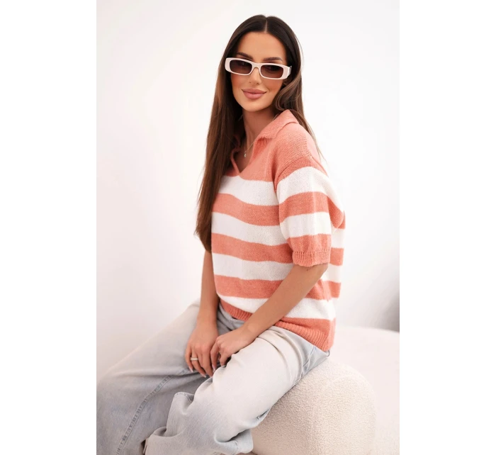Dámsky pruhovaný sveter s krátkym rukávom a golierom